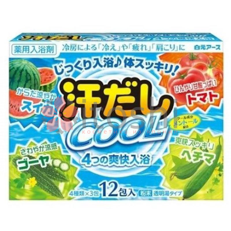 Освежающая соль для ванны на основе углекислого газа с аминокислотами, витамином С и экстрактами томата и люффы, Hakugen Earth Asedashi COOL 